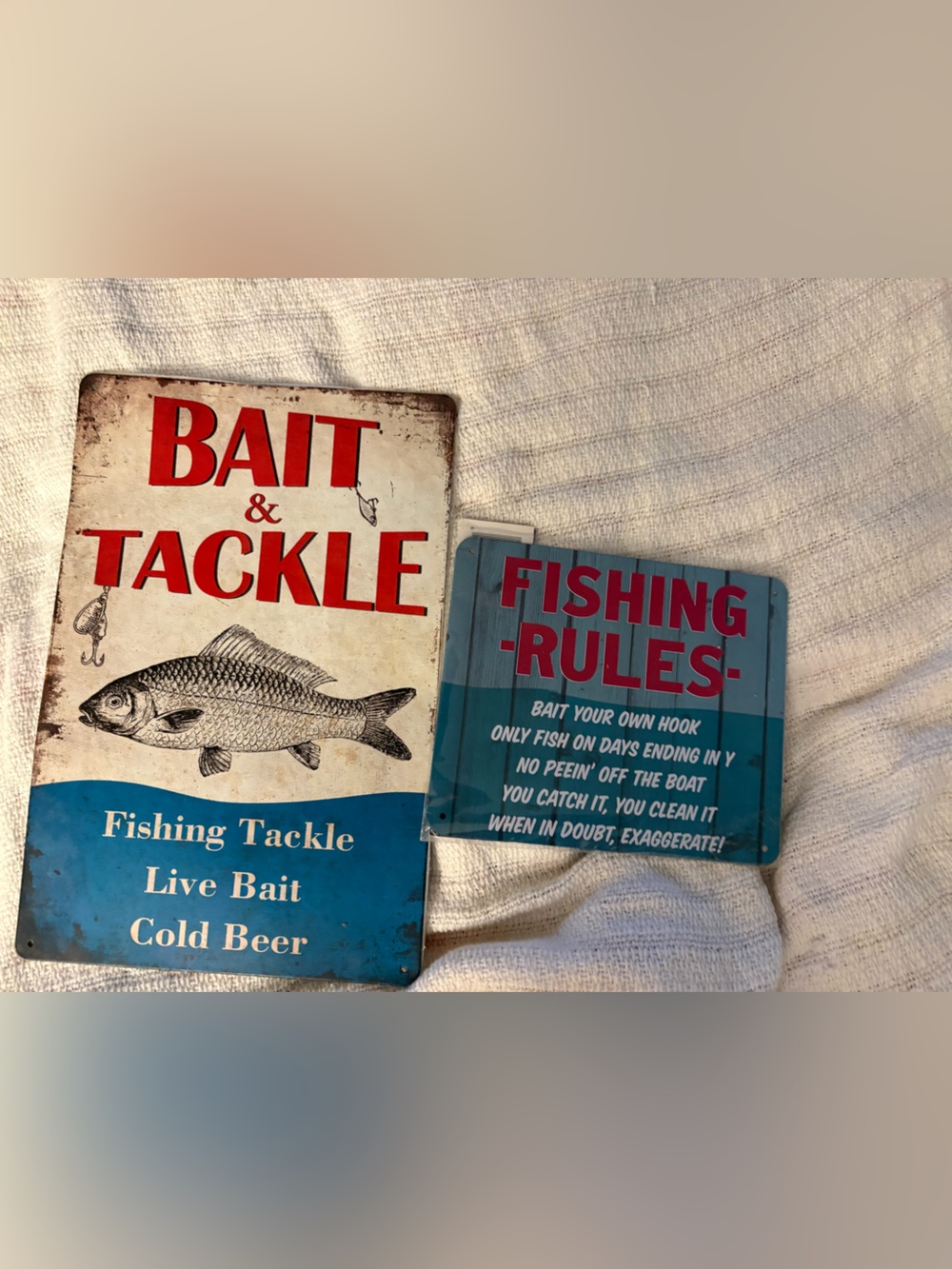 Two new Fishing Rules & Bait Tackle Vintage-Style Metal Signs - Blue and Red